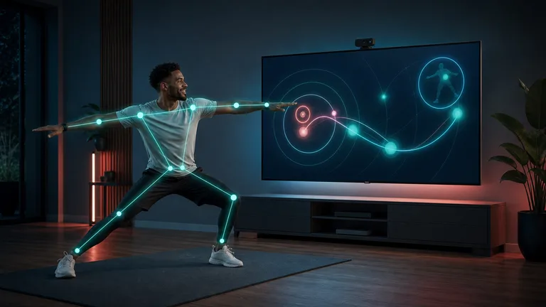 A person controlling a motion game with an open-arm pose and real-time body-tracking points in a dark studio