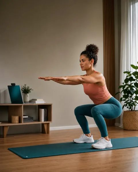 An adult performing a controlled bodyweight squat with a webcam coach