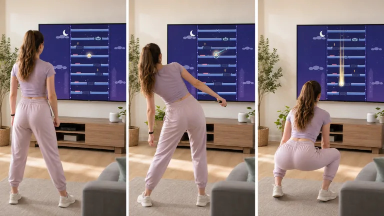 How to play Ball Drop: a young woman stands centered, leans to steer the ball, then squats for a visible Power Drop through the glowing gap while avoiding red danger zones