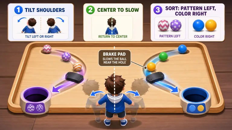 How to play Ball Sort: tilt your shoulders to roll colored balls right and patterned balls left, then use brake pads and center posture to control speed.
