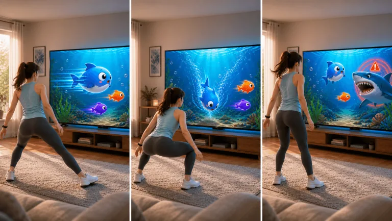 How to play Bubble Feast: your head steers the big fish - side-step to glide, squat to dive, eat the target species for double points, and dodge the shark!