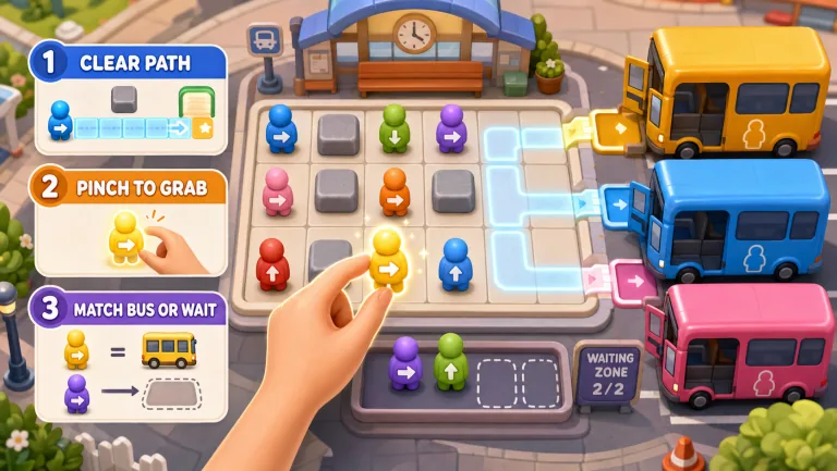 How to play Bus Queue: Pinch glowing passengers whose facing path is clear, match them to same-color buses, or park mismatches in the waiting zone.