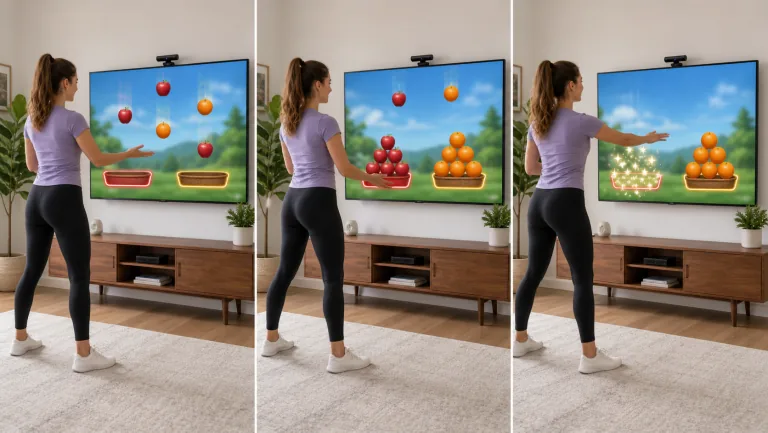 How to play Fruit Stack: Lean to aim, squat to drop the fruit into the crate of the same kind. Correct drops merge and grow the crate's fruit for points!