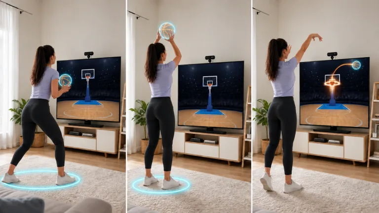 How to play Hoop Streak: side-step into the cyan glow zone, raise empty hands over your head beneath a virtual basketball to prepare, then send the virtual ball forward as your shooting hand starts down.