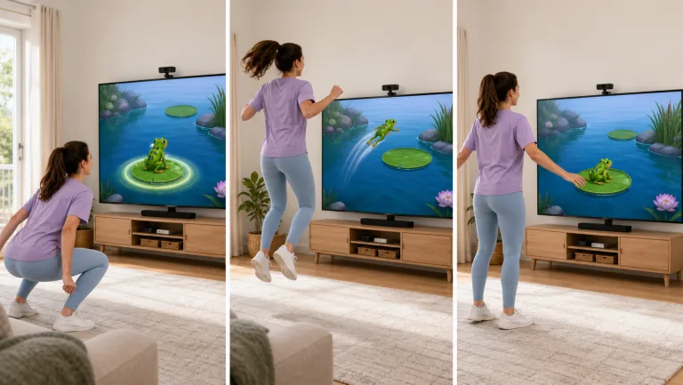 How to play Lily Pad Jump: hold the squat 3 seconds to charge full, jump to launch — every jump lands the little frog on a lily pad; the harder you charge, the more points you score.