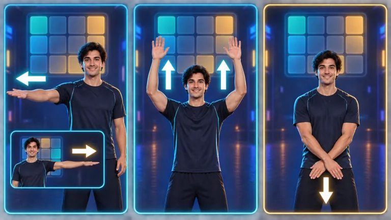 How to play Merge 2048: side raise for left or right, arms overhead for up, low cross for down — hold half a second to slide.