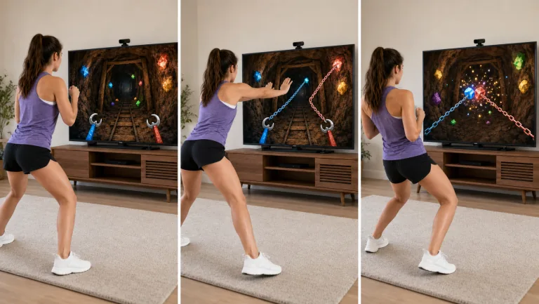 How to play Mine Hook: move to aim the swinging hook, squat to drop it, and rise to reel in gems and ore.