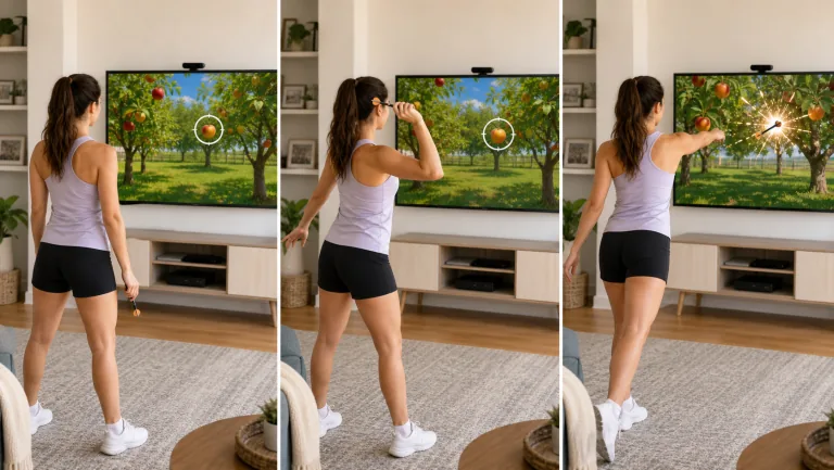 How to play Orchard Darts: step left/right to aim the launcher, then hop or raise your heels to throw a dart at the moving fruit. Raise both hands for a triple shot. Mangoes score highest!