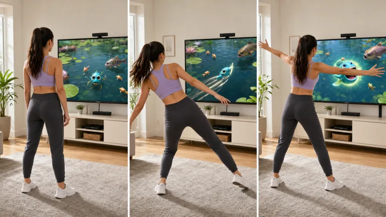 How to play Pond Grow: move to pick a launch spot, rise on tiptoes to launch fish, merge three of a kind to grow, hold a squat to slow the pond and dodge predator jaws!