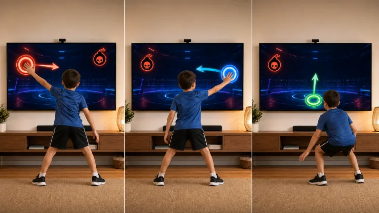 How to play Quick Hands: react to icons flying in from the sides with the opposite hand, squat to catch rising icons before they escape, and dodge the red-ringed dangers.