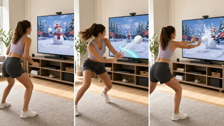 How to play Snowball Rally: dodge sideways, swing your arm to throw snowballs at the moving snowman, squat to duck under incoming balls, raise both arms to block — the shield has a cooldown!